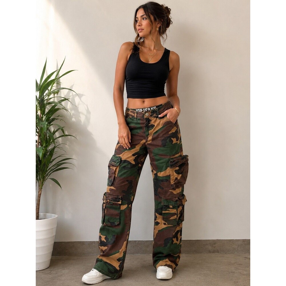 VIP Jeans Camo Cargo Pants Woman  Military Tactical Multi Pocket Wide Leg Size 3